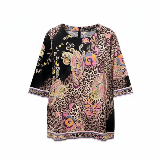 44b17 【極美品】LEONARD レオナール 七分袖チュニックトップス スクエアネック レオパード総柄プリント 0399604 42サイズ マルチカラー コットン100％ レディース 女性用u02t