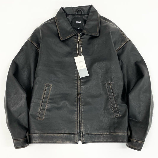 51f3 【新品タグ付き】 BEAMS ビームス 2024AW ユーズド加工 レザーブルゾン シングルライダース ジャケット 11-18-1831-202-19-22 サイズM ブラック レザー メンズ