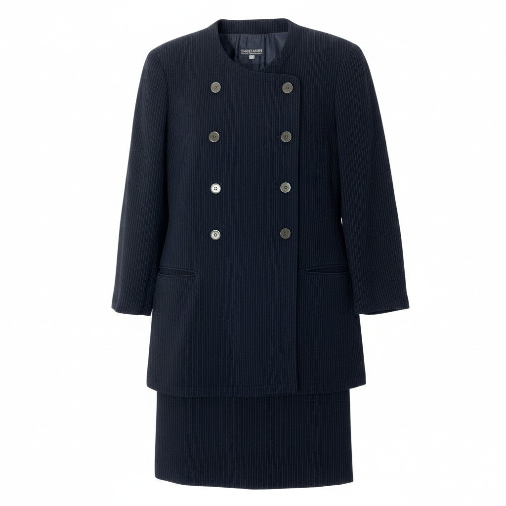 56e12 GIORGIO ARMANI ジョルジオアルマーニ セットアップ スカートスーツ ノーカラージャケット ダブルブレスト 膝丈スカート ストライプ柄 サイズ40 ネイビー レディース 女性服u02t