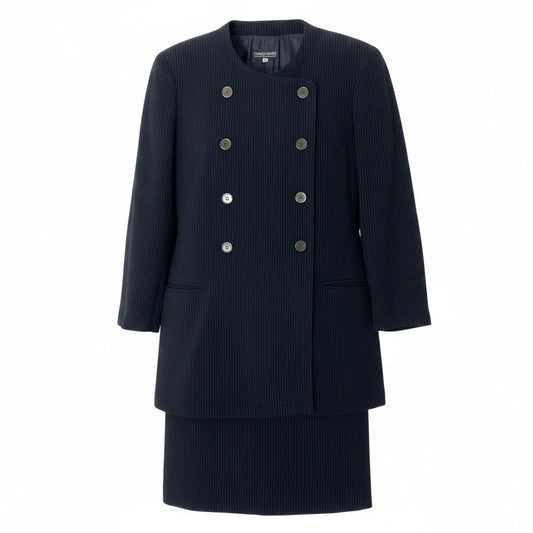 56e12 GIORGIO ARMANI ジョルジオアルマーニ セットアップ スカートスーツ ノーカラージャケット ダブルブレスト 膝丈スカート ストライプ柄 サイズ40 ネイビー レディース 女性服u02t