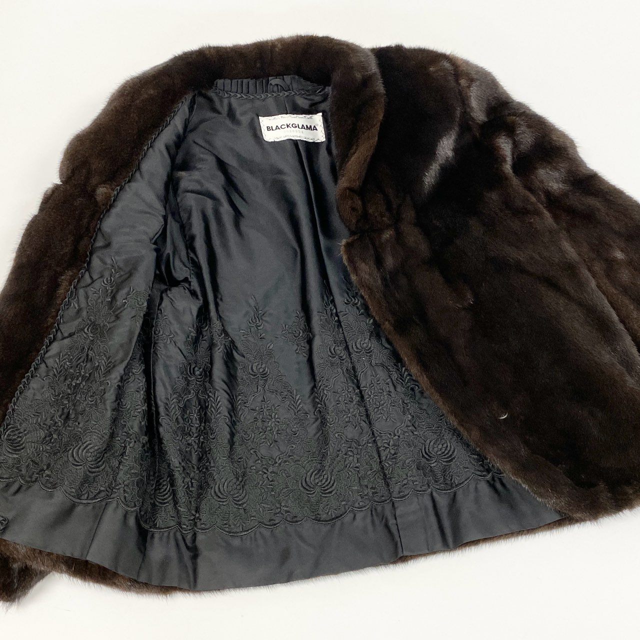 25j24 BLACKGLAMA ブラックグラマ マホガニーミンク ミンクコート 毛皮コート 変形ジャケット 裾広がり F ブラウン ミンクファー レディース 裏地花柄刺繍u02t