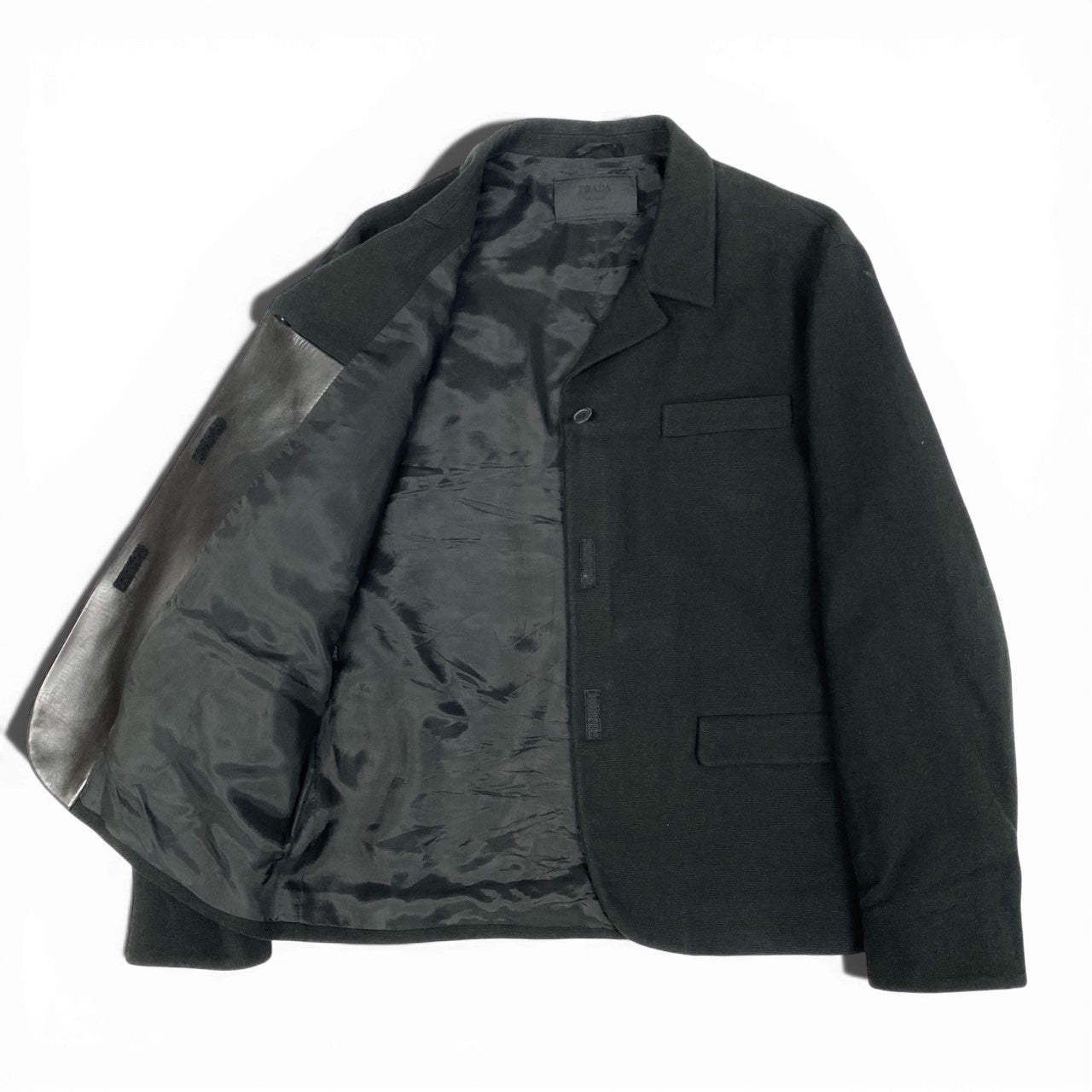 50b12 【美品】PRADA プラダ コットンリネンジャケット 袖レザー Cotton-linen Jacket Leather Cuffs 44サイズ ブラック レディース 女性用ta1