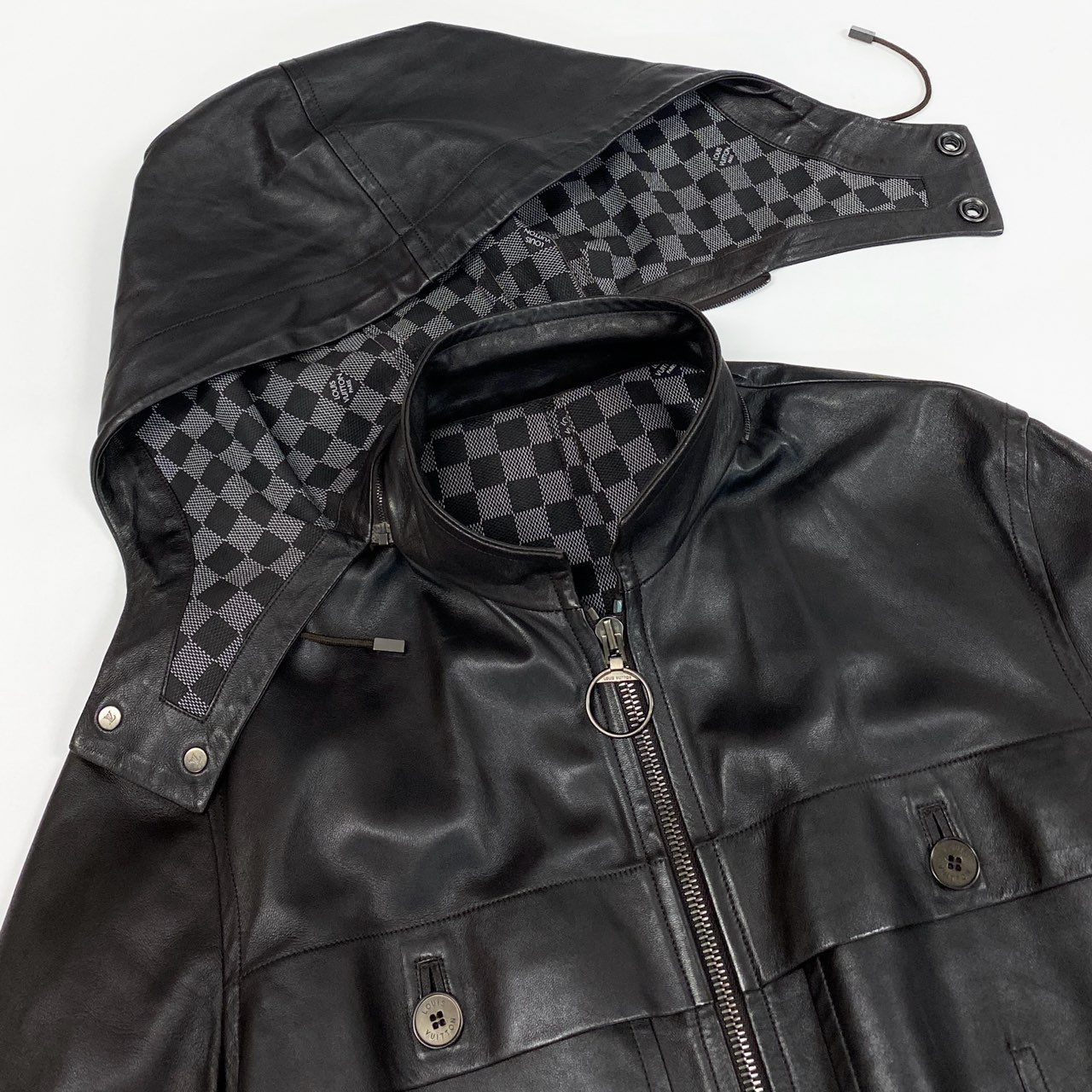 Ab9 《美品》 LOUIS VUITTON ルイヴィトン レザージャケット ライダース 裏地ダミエ フード取外し可 50 ブラウン ラムレザー メンズk02i