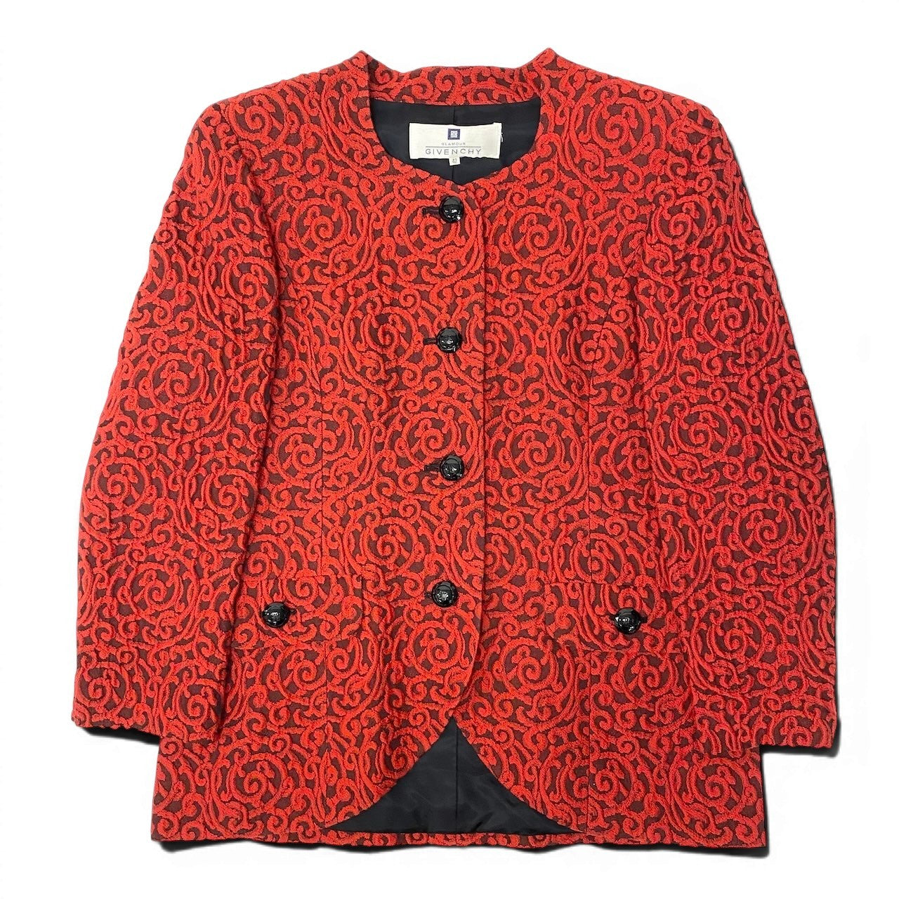 Id23 GIVENCHY ジバンシー ノーカラージャケット ロングジャケット 総柄 立体刺繍 ロゴボタン サイズ42 レッド レディース 女性用u02t