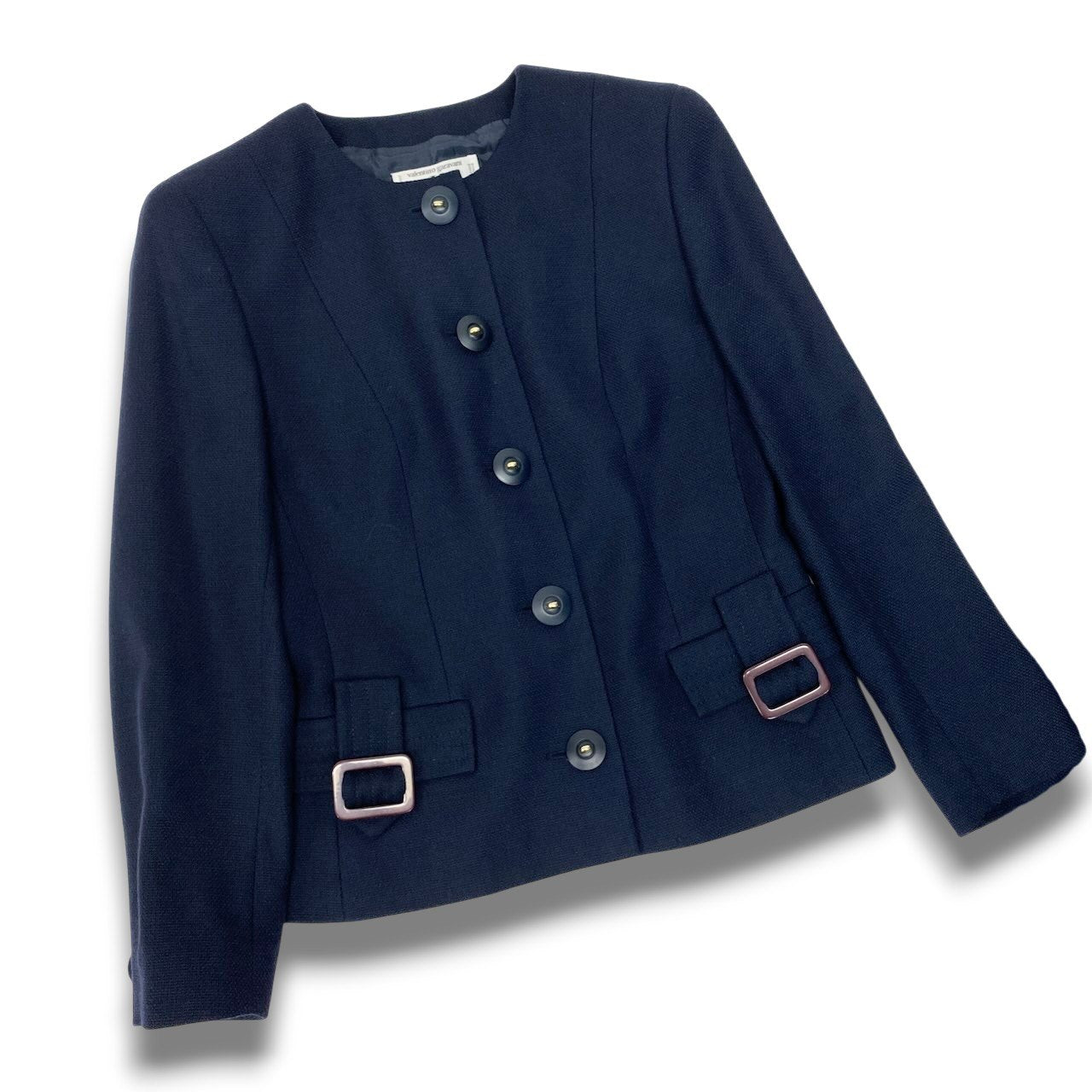 54c19 valentino garavani ヴァレンティノガラヴァーニ セットアップ スカートスーツ セレモニースーツ フォーマル ノーカラージャケット 膝丈スカート レディース 女性服 サイズ40/6 ネイビー ウール100％u02t