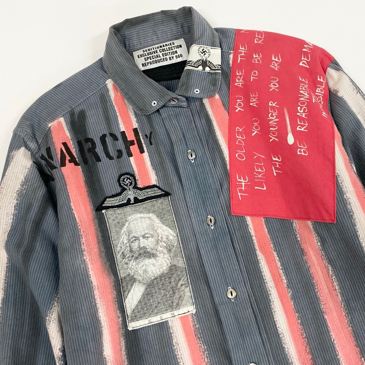Af27 【美品】 SEDITIONARIES セディショナリーズ ヴィヴィアンウエストウッド アナーキーシャツ 貝ボタン メンズ 男性用 Ｍ グレー レッド 綿100％u02t