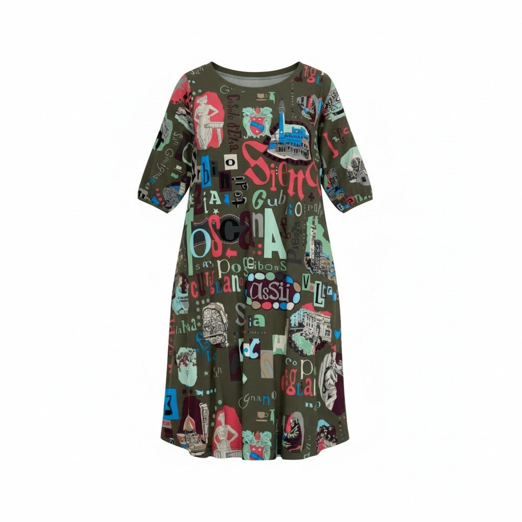 2k19 TOKUKO 1er VOL トクコプルミエヴォル 全面プリント ロングワンピース 半袖ワンピース 伸縮ストレッチ 9 カーキ系 レディースu02t