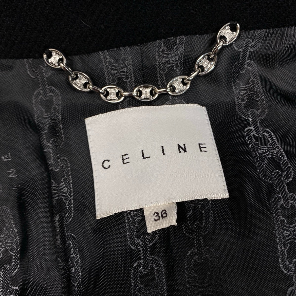 i25 【美品】CELINE ウールロングコート スタンドカラー エンブレムボタン 38サイズ ブラック ウール100％ レディース 女性用u02t