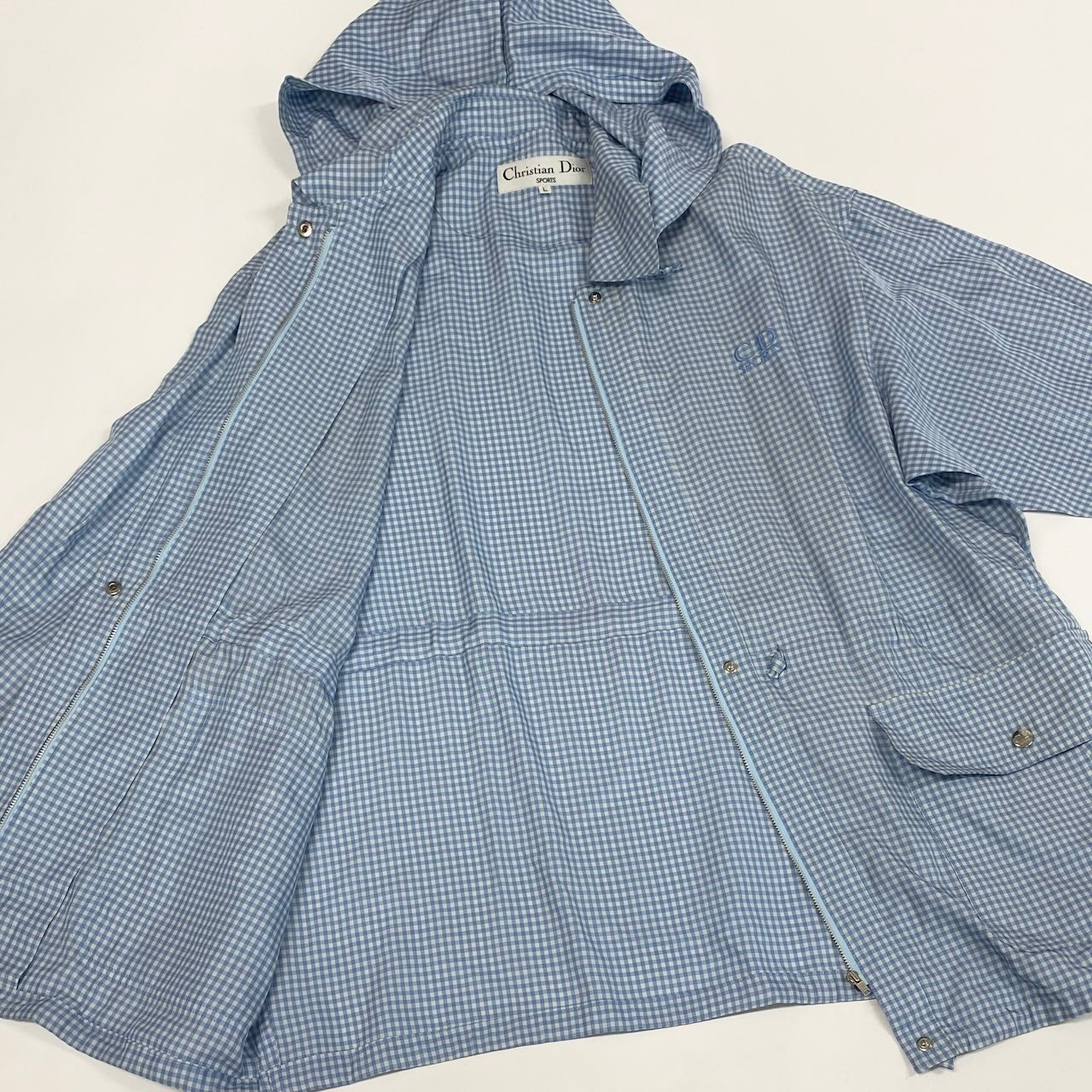 Ic27 Christian Dior クリスチャンディオール フーディージャケット ギンガムチェック フード取り外し可 CDロゴ刺繍 Lサイズ ホワイト ブルー 画像参照 レディース 女性用u02t