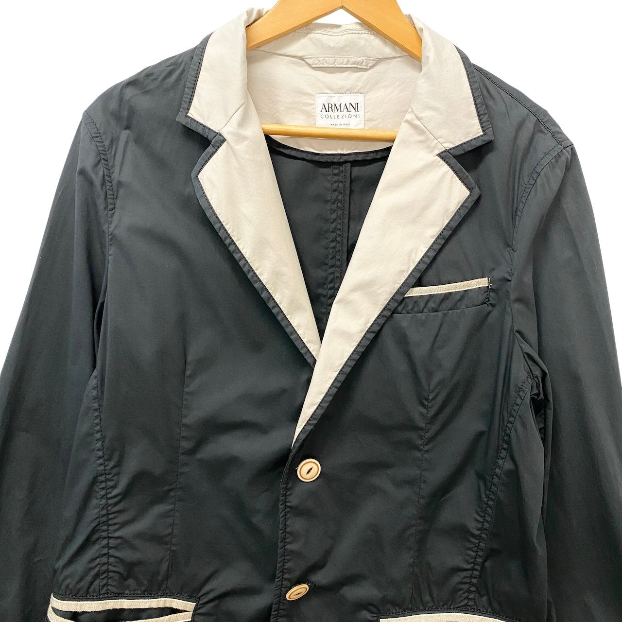 10c29 ARMANI COLLEZIONI アルマーニコレツィオーネ テーラードジャケット カジュアルジャケット 薄手 バイカラー コットンブレンド メンズ 紳士服 イタリア製 48 ブラック ベージュk02i