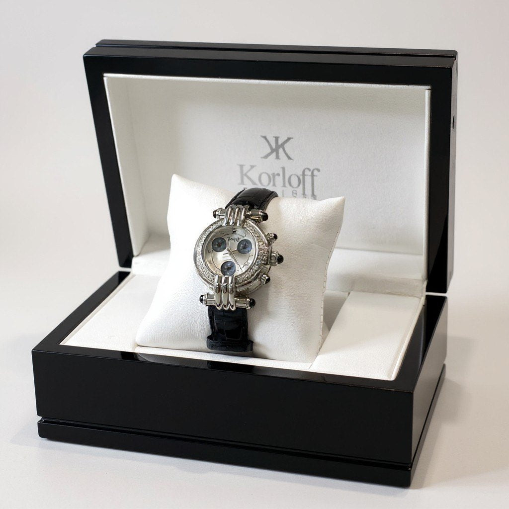 k18《美品》 Korloff コルロフ クロノグラフ クォーツ レディース 腕時計 LC6D シルバー ブラック 高級腕時計 ケース 保証書付きt18r
