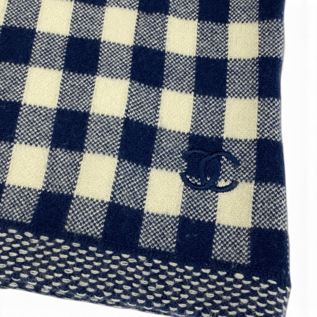 h31 CHANEL カシミヤニットセーター ショートスリーブ ココマーク刺繍 ボートネック チェック柄 38サイズ ブルー アイボリー カシミヤ100％ レディース 女性用k02i