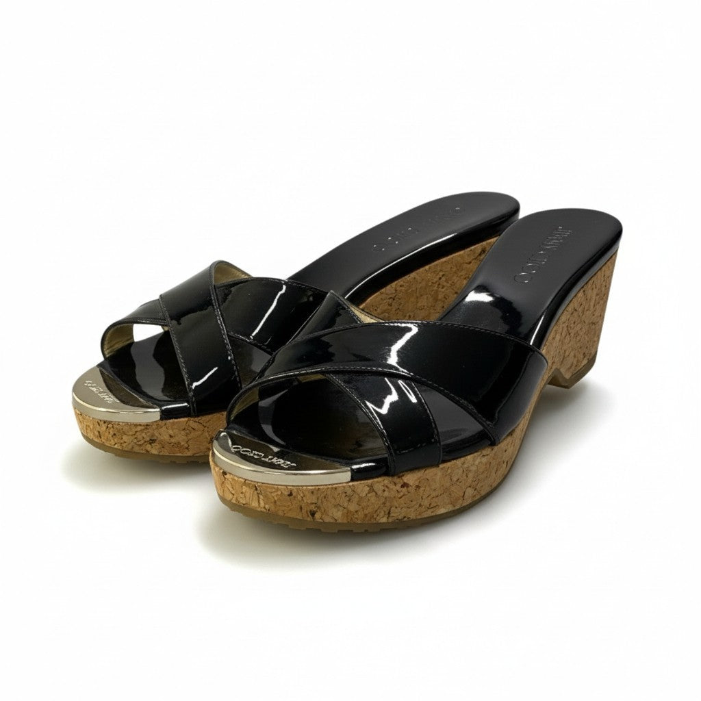 1b23 JIMMY CHOO ジミーチュウ エナメル クロスストラップ サンダル コルクウェッジサンダル レディース 女性靴 サイズ37 ブラックu02t