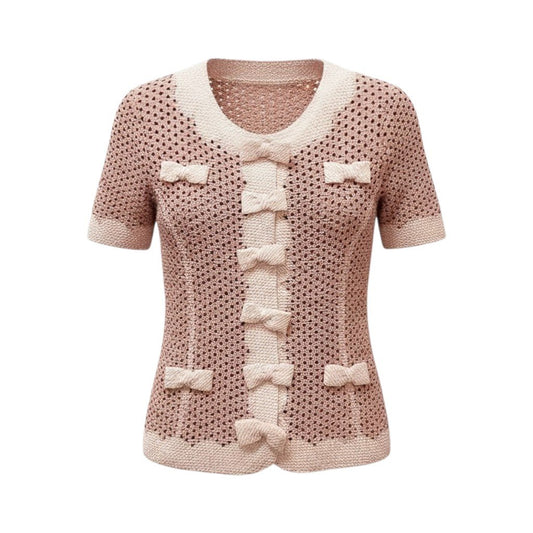 76c26 NOKO-PLEATS ノコプリーツ ノーカラージャケット プリーツジャケット 半袖 ドット柄 水玉模様 リボン装飾 レディース 女性服 サイズ40 ピンク ブラック ポリエステル100％u02t