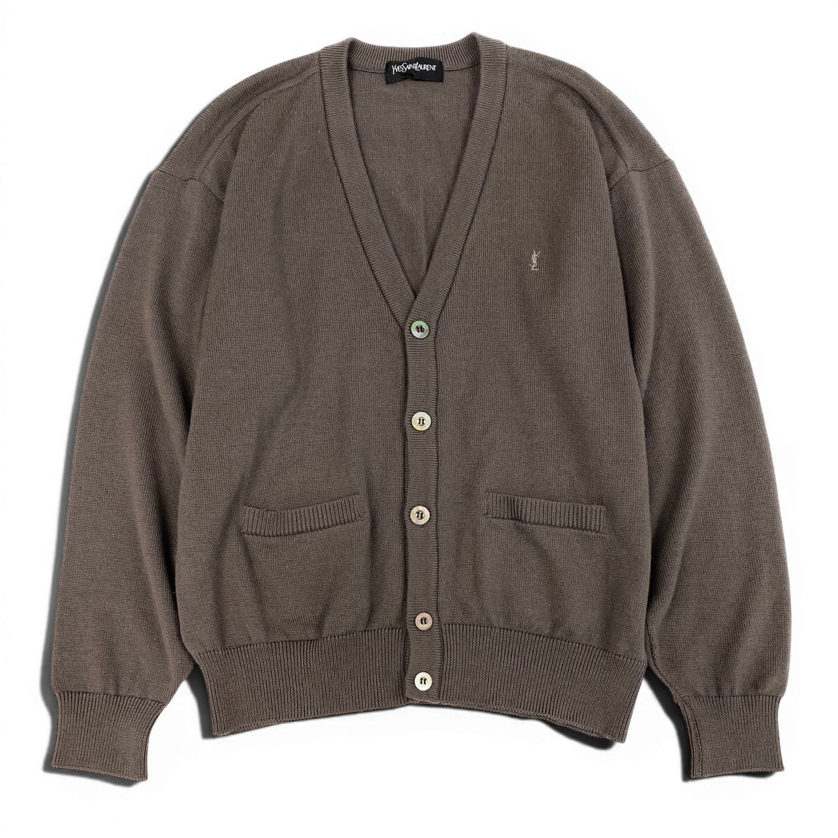 Mg11 YVES SAINT LAURENT イヴサンローラン カサンドラロゴ刺繡 ロングスリーブ ニットカーディガン サイズL ブラウン ウール100％ メンズo07t