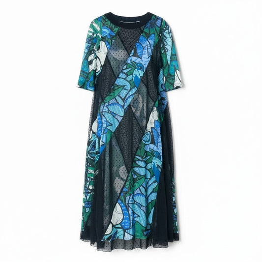 51c1 【美品】 TOKUKO 1er VOL トクコプルミエヴォル 七分袖 ロングワンピース シアーワンピース ドット柄 メッシュ 総柄プリント レディース 女性服 サイズ9 マルチカラー ポリエステル100％u02t