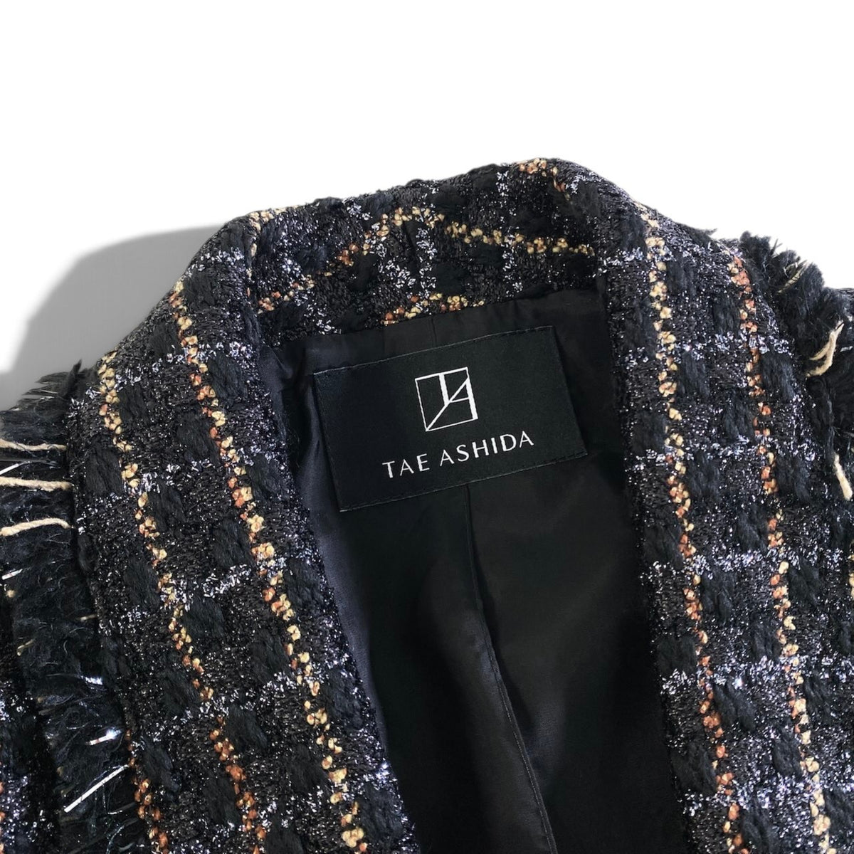 14j23 【極美品】TAE ASHIDA タエアシダ ツイードジャケット チェック柄 ラメ フリンジ アウター 5サイズ ブラック系 レディース 女性用u02t