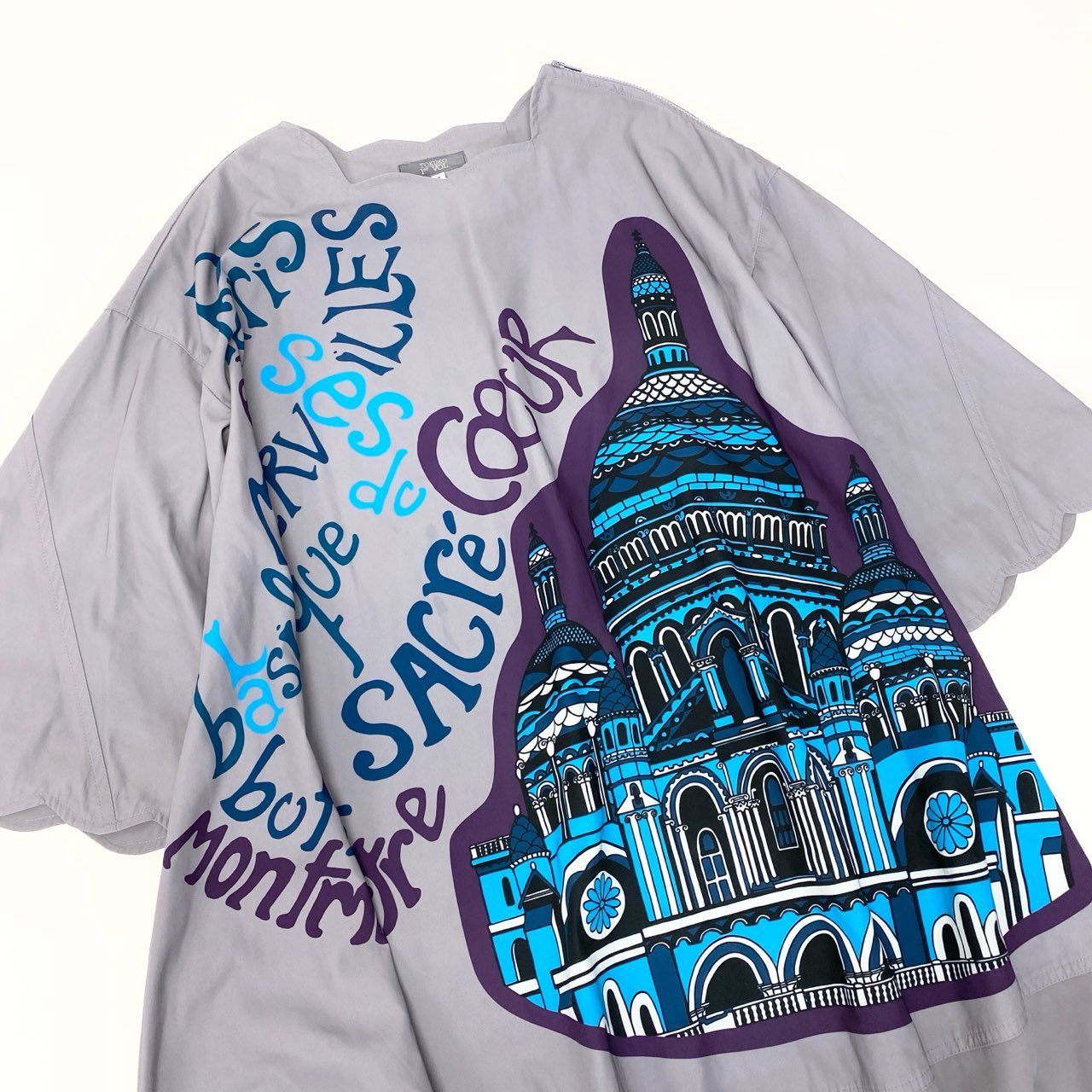 33c10【美品】 TOKUKO 1er VOL トクコプルミエヴォル 7分袖 ワンピース オーバーサイズ 身幅ゆったり エッフェル塔プリント ストレッチ レディース 女性服 サイズ9 パープルu02t