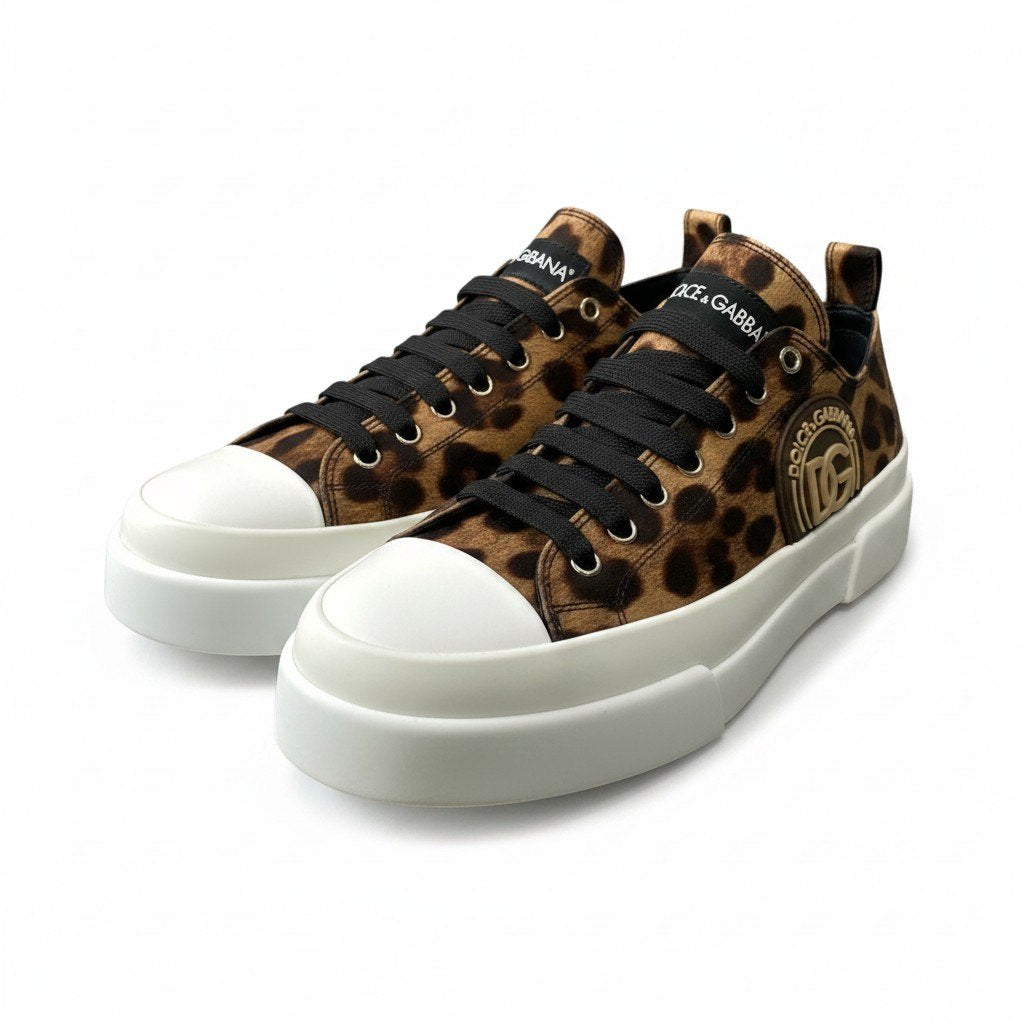 f24 DOLCE&GABBANA ポルトフィーノ ローカットスニーカー DGロゴ レオパード柄 AO743 8サイズ ブラウン系 キャンバス メンズ 男性用o07t