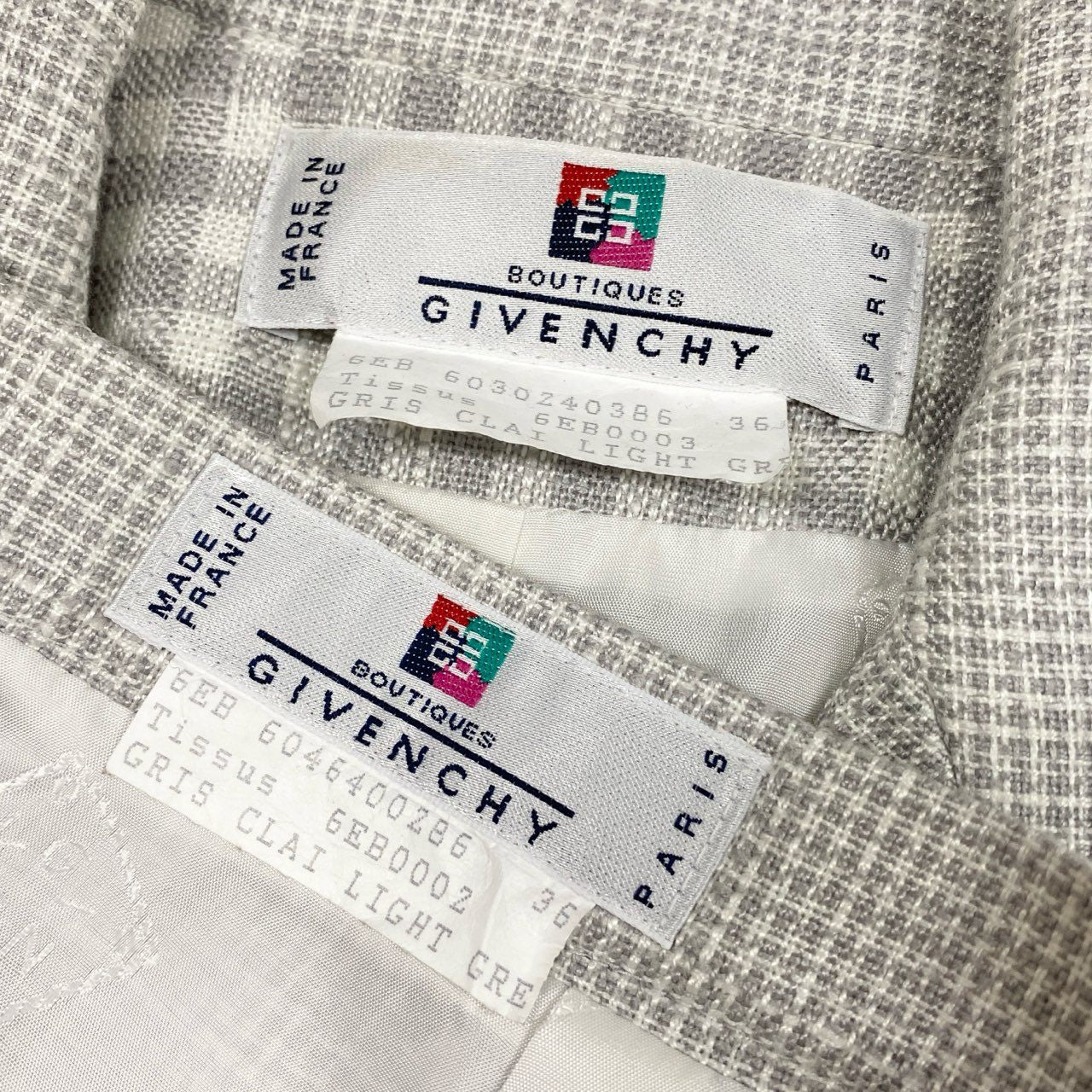 4b4 Vintage GIVENCHY ジバンシー フランス製 セットアップ スカートスーツ ランダムチェック 36 グレー系 レディースu02t