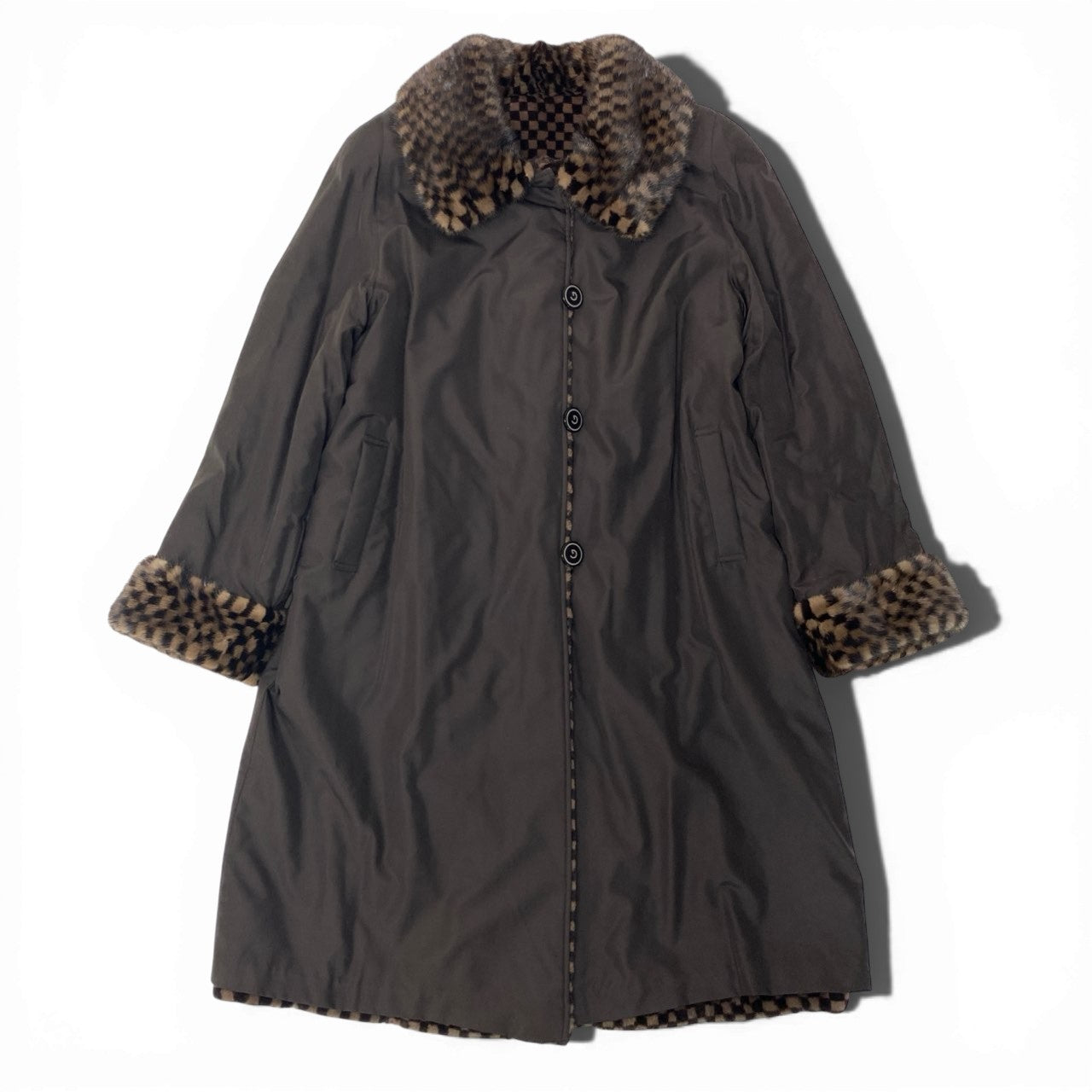 38c4 GRES グレ チェック柄 ミンクファー リバーシブル ロングコート サイズF 茶系 本毛皮 Mink Fur Reversible Long Coatt18r