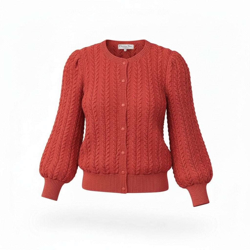31c16 Christian Dior クリスチャンディオール ロングスリーブカーディガン パフスリーブ バルーンスリーブ Mサイズ レッド コットン100％ レディース 女性用o07t