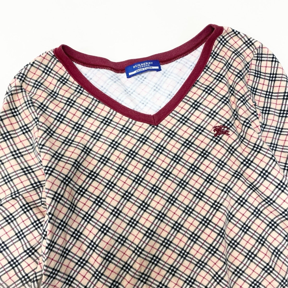 47f17 BURBERRY LONDON バーバリーロンドン ホース刺繍 ノバチェック Vネック 長袖Tシャツ カットソー トップス Mサイズ ベージュ コットン レディースo07t