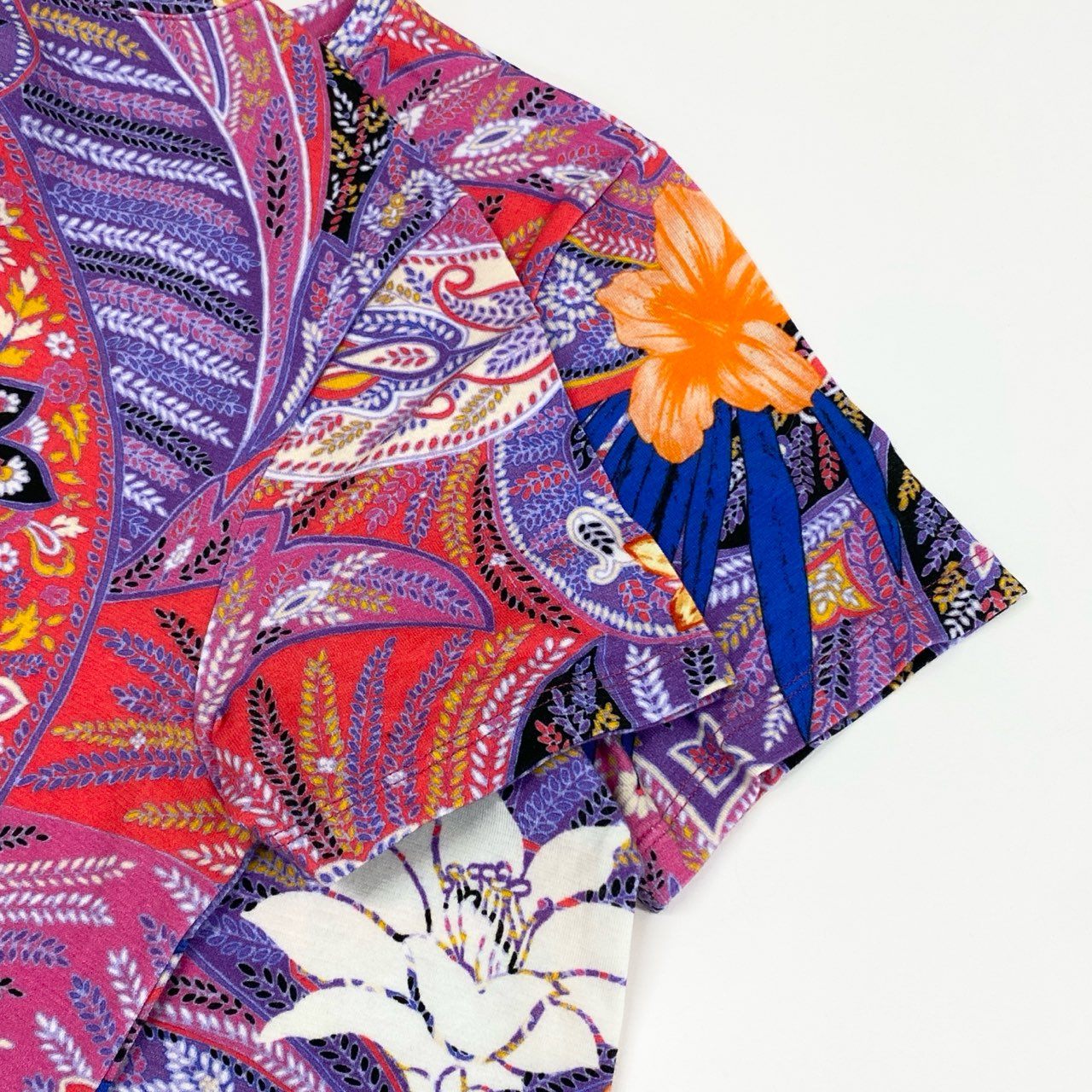 67j6《美品》 ETRO エトロ イタリア製 半袖Tシャツ クルーネック カットソー 花柄プリント ストレッチ◎ レディース 女性用 マルチカラー コットン100％u02t