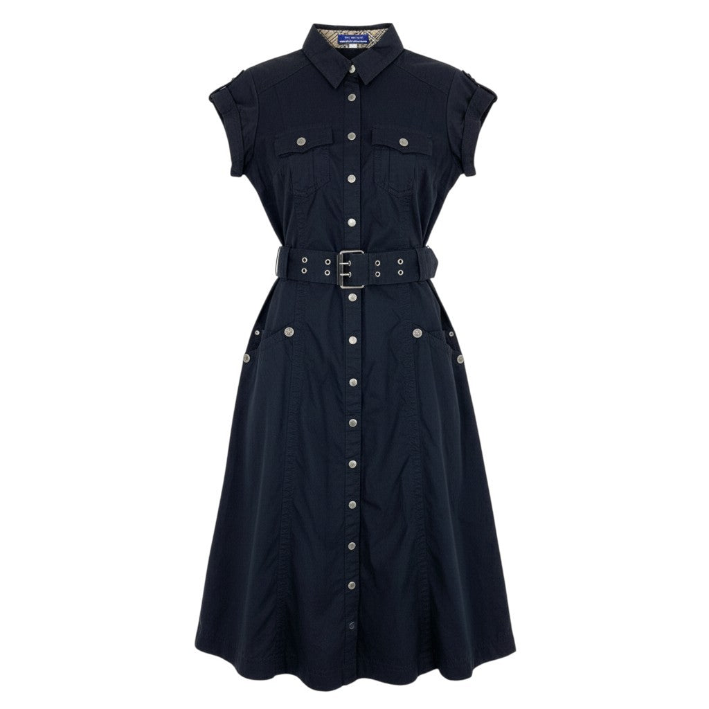 70b9 BURBERRY BLUE LABEL バーバリー ブルーレーベル Aライン ベルテッド ワンピース ノバチェック 半袖 ホースボタン 36 ネイビー レディースk02i