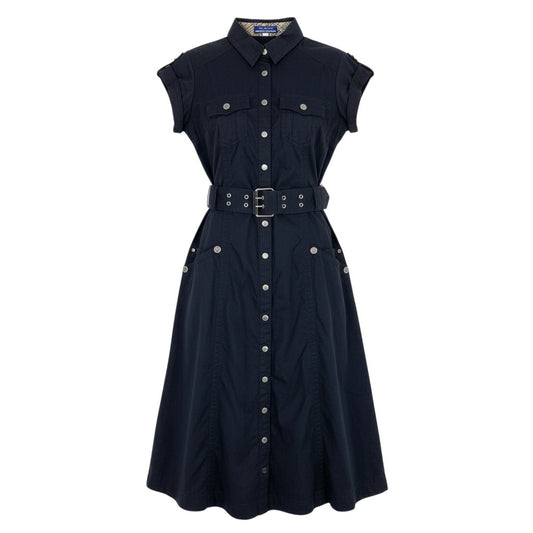 Ab9 BURBERRY BLUE LABEL バーバリー ブルーレーベル Aライン ベルテッド ワンピース ノバチェック 半袖 ホースボタン 36 ネイビー レディースk02i