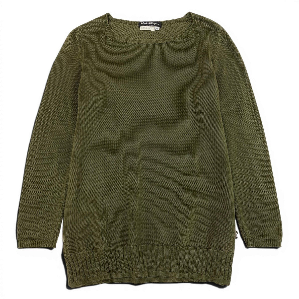70g1 Salvatore Ferragamo サルヴァトーレフェラガモ ロングスリーブ ニットカットソー チュニック丈 ガンチーニ サイズM グリーン コットン100％ レディースu02t