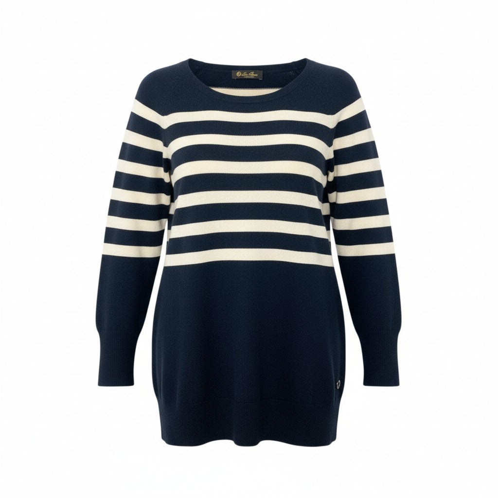 52k23 Lolo Piana ロロピアーナ ニットセーター クルーネック ロングスリーブ ボーダー イタリア製 レディース 42 ネイビー ホワイトu02t