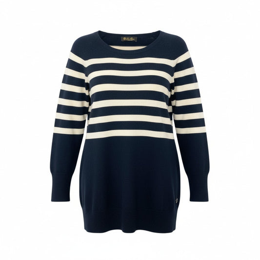 52k23 Lolo Piana ロロピアーナ ニットセーター クルーネック ロングスリーブ ボーダー イタリア製 レディース 42 ネイビー ホワイトu02t