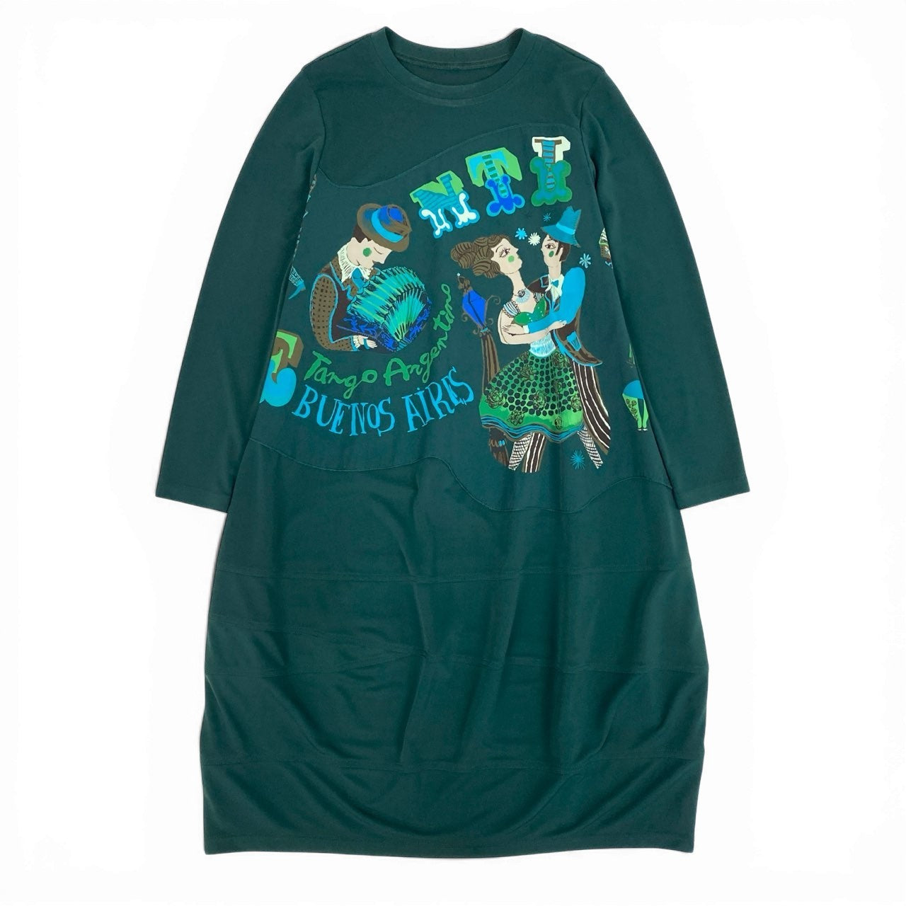 64a23 TOKUKO 1er VOL トクコプルミエヴォル 両面プリント 長袖ワンピース ロングワンピース ストレッチ素材 9 グリーン レディースu02t