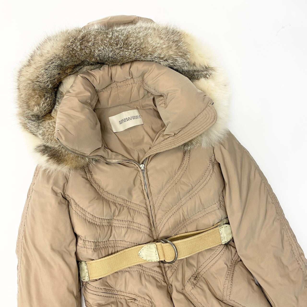79c26 ERMANNO SCERVINO エルマンノシェルビーノ ダウンコート ダウンジャケット ウエストベルト フーディー アウター 42サイズ ピンクベージュ ポリエステル100％ レディース 女性用u02t
