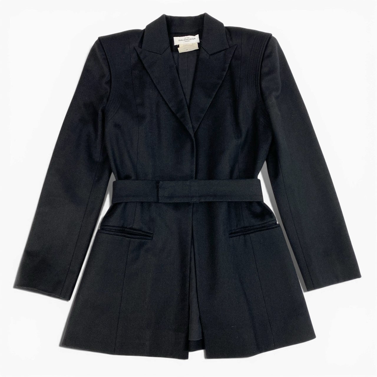 50a19 Vintage BALENCIAGA LE DIX バレンシアガ ボタンレス テーラードジャケット ロングジャケット ウールカシミヤ混 フランス製 レディース 女性用 36 ブラックu02t