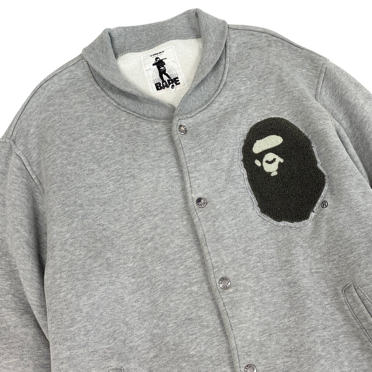 Mg19 A BATHING APE アベイシングエイプ NIGO期 00's スウェットスタジャン エイプヘッド ワッペンロゴ  XL グレー コットン100％ メンズu02t