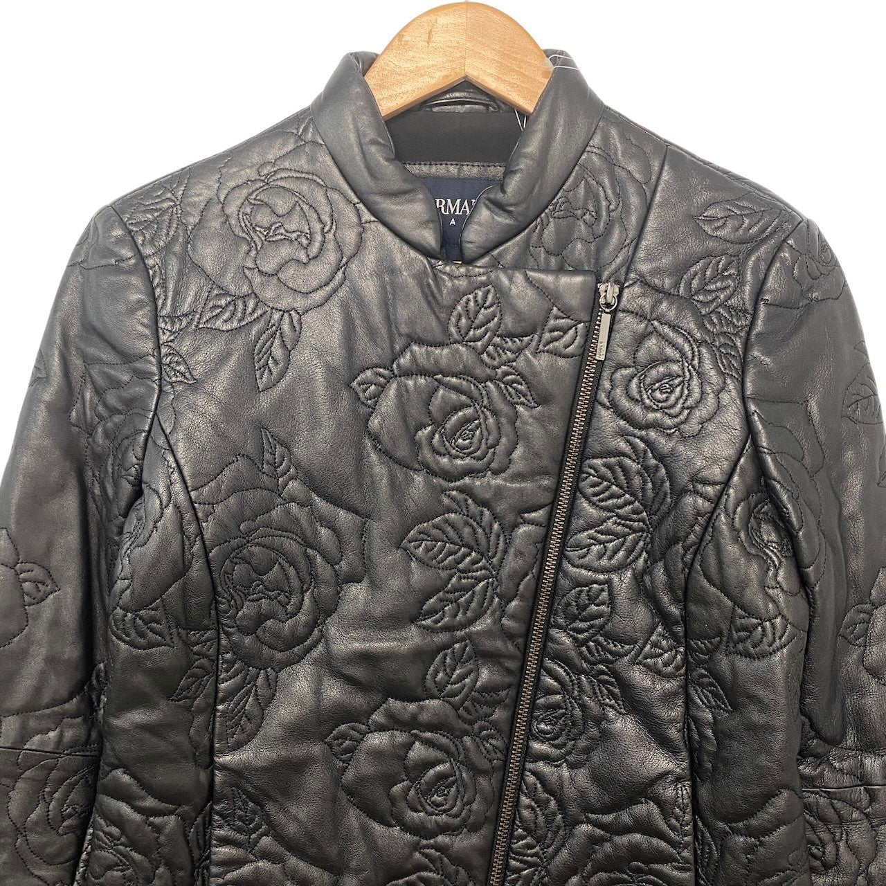 5h28 ARMANI JEANS アルマーニジーンズ ダブルライダースジャケット 中綿 レザージャケット バラ柄 サイズ40 ブラック レディース女性用u02t