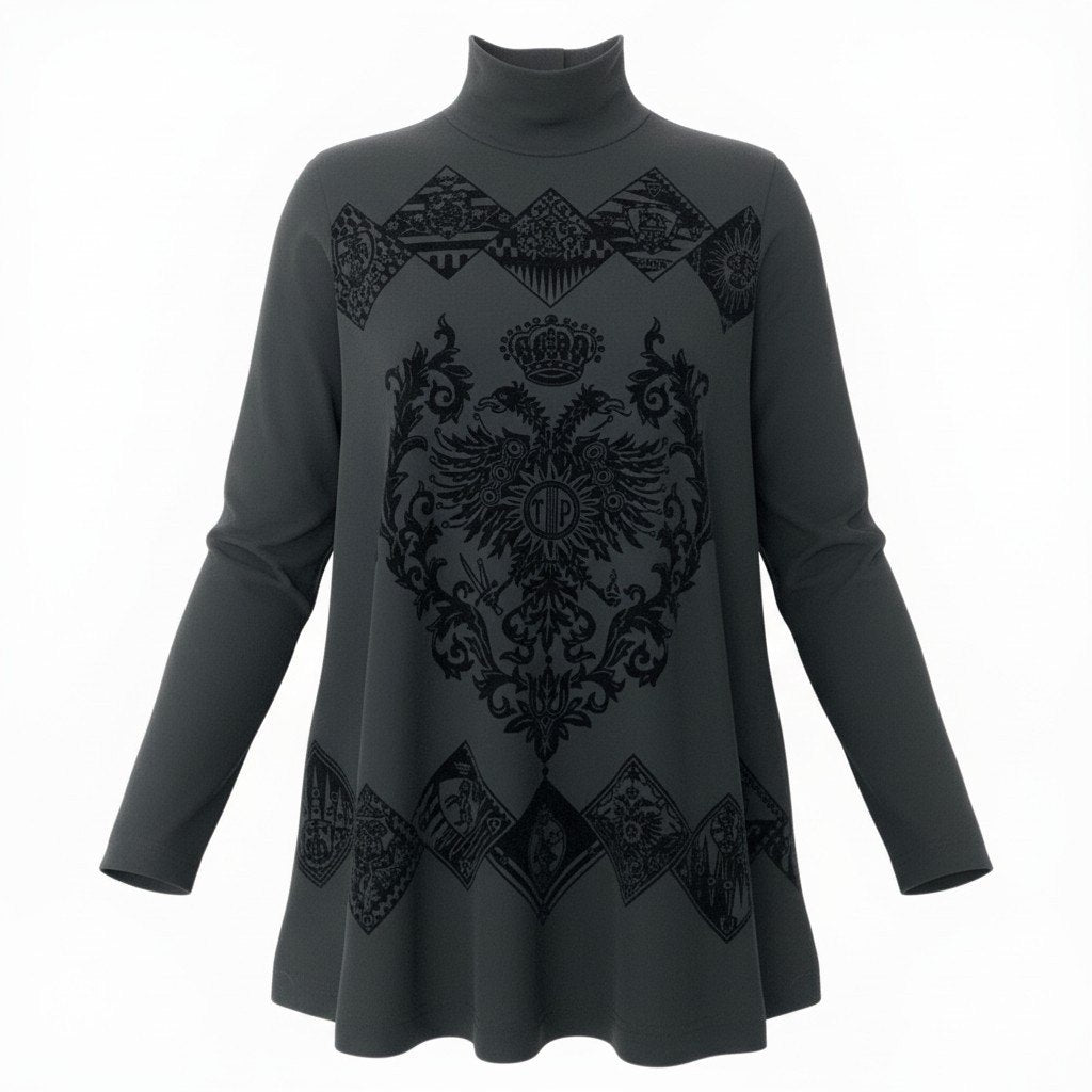 52b27 【美品】 TOKUKO 1er VOL トクコプルミエヴォル チュニックワンピース ロングスリーブ モックネック フロッキー柄 レディース 女性服 サイズ9 ブラックu02t