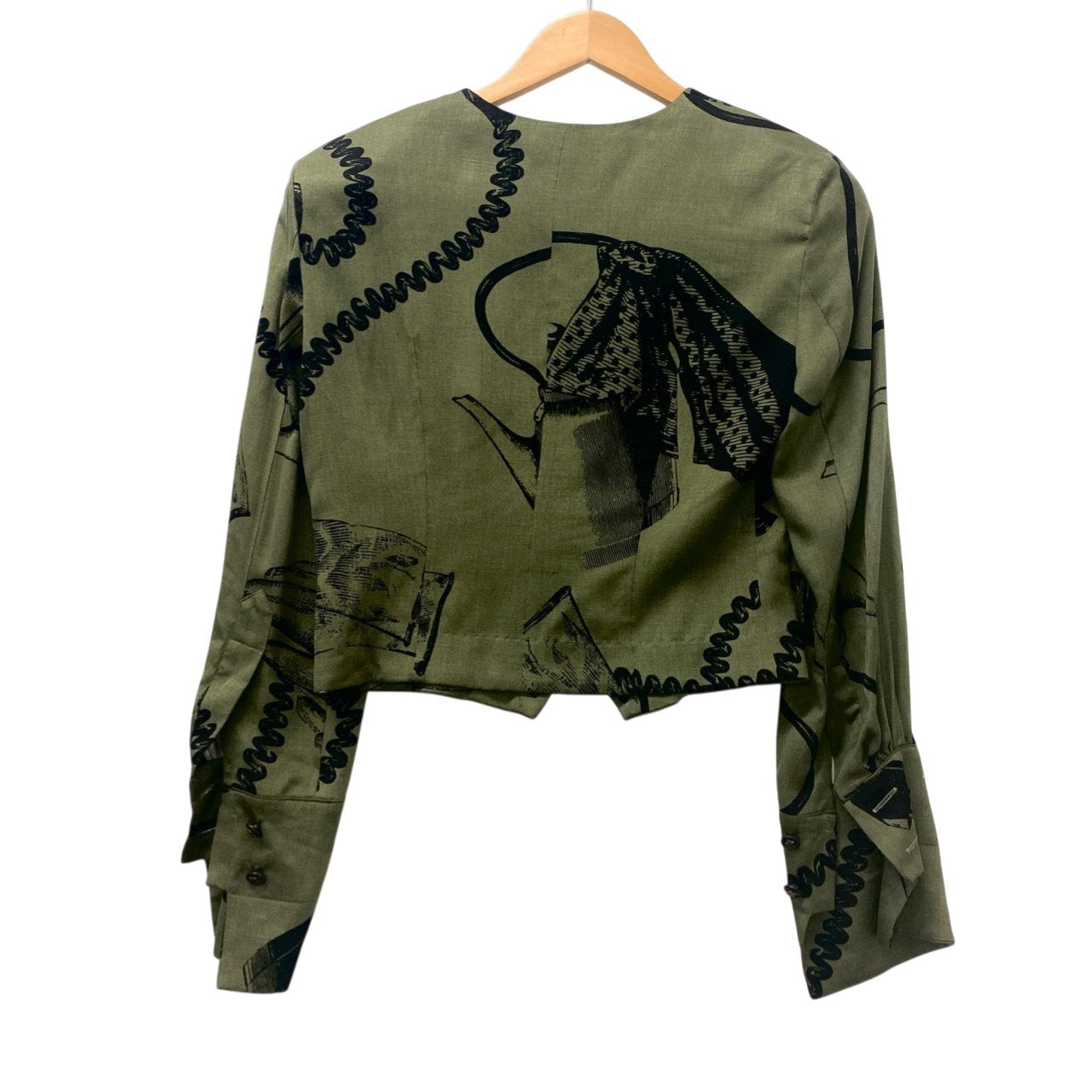 24b16 【美品】MOSCHINO モスキーノ ヴィンテージ ノーカラーシャツジャケット グラフィックプリント ショート丈 バルーン袖 カーキ レディース 女性用u02t