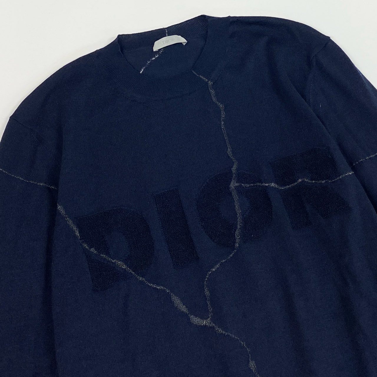 55L23 DIOR HOMME ディオール オム 20年製 Crack Embroidery Logo Knit 薄手変形ニットセーター トップス 023M654AT090 XSサイズ ネイビー メンズo07t
