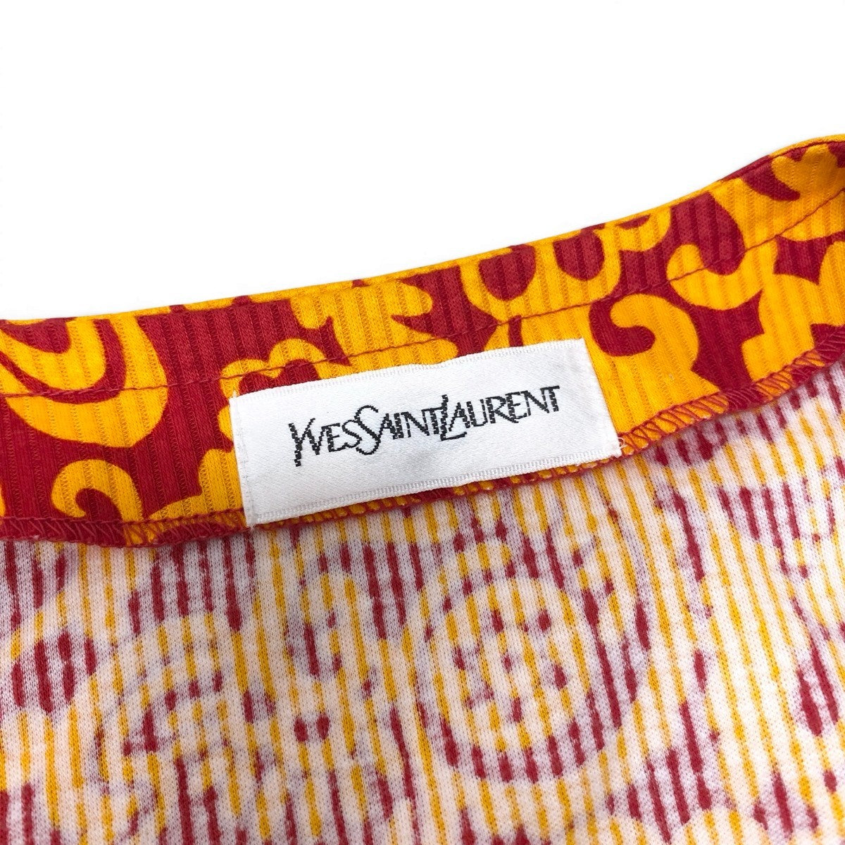Ef15 Yves Saint Laurent イヴサンローラン 総柄プリント ノーカラージャケット アウター Mサイズ オレンジ レッド コットン レディースo07t