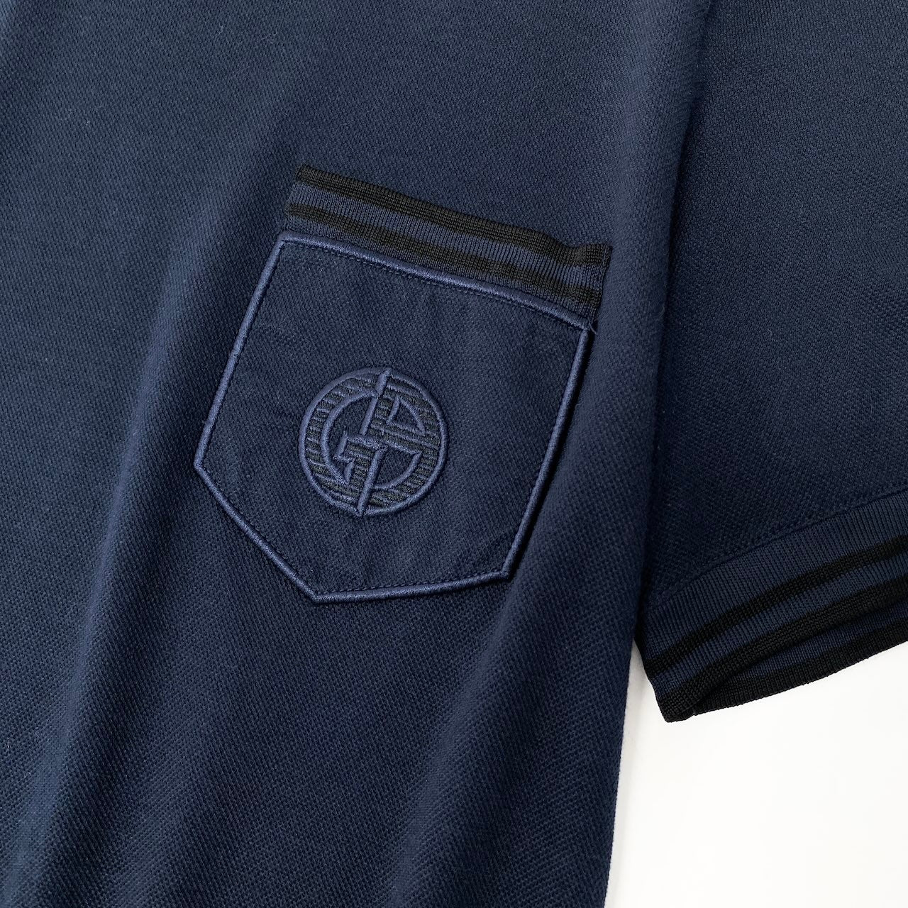 22e7 GIORGIO ARMANI ジョルジオアルマーニ オープンカラー ニットカットソー 半袖 トップス ポケットロゴ刺繡 シルクブレンド サイズ46 ネイビー メンズ 紳士服u02t