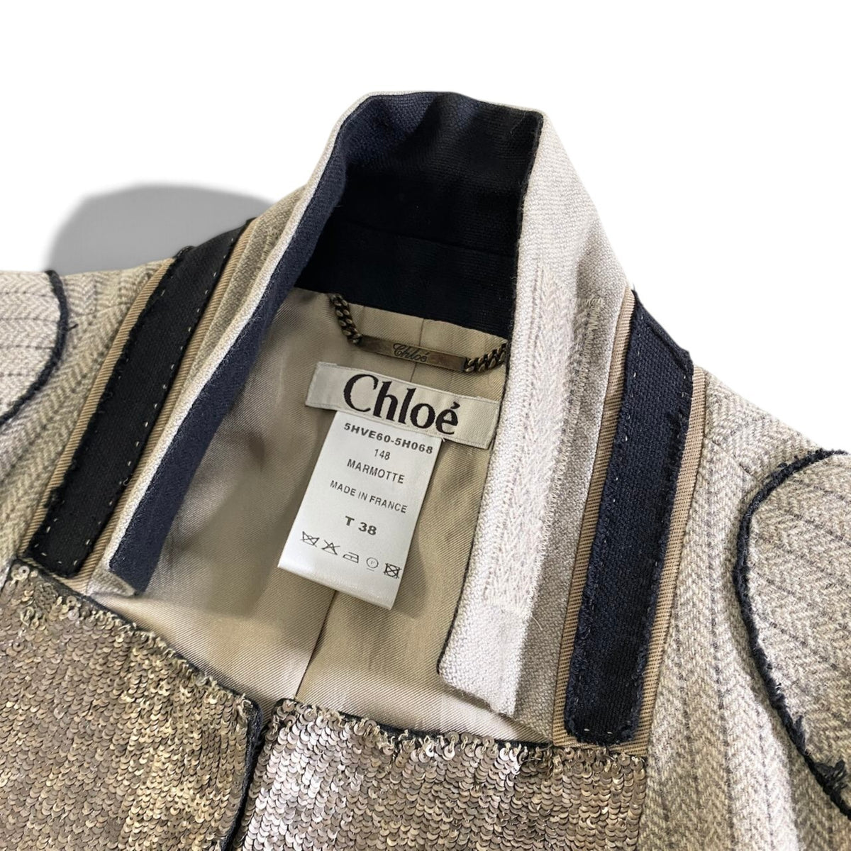 93j23 Chloe クロエ 2005年 フィービー期 スパンコール装飾 テーラードジャケット 38 グレージュ ウール フランス製 アーカイブu02t