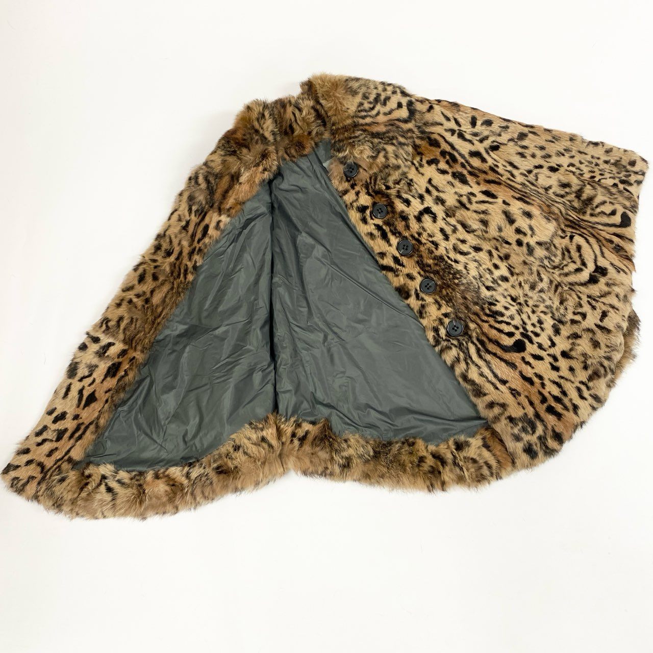 50b16 METEO レオパード柄 ラビットファー ケープポンチョ サイズ36 茶系 本毛皮 フランス製 Rabbit Fur Capet18r