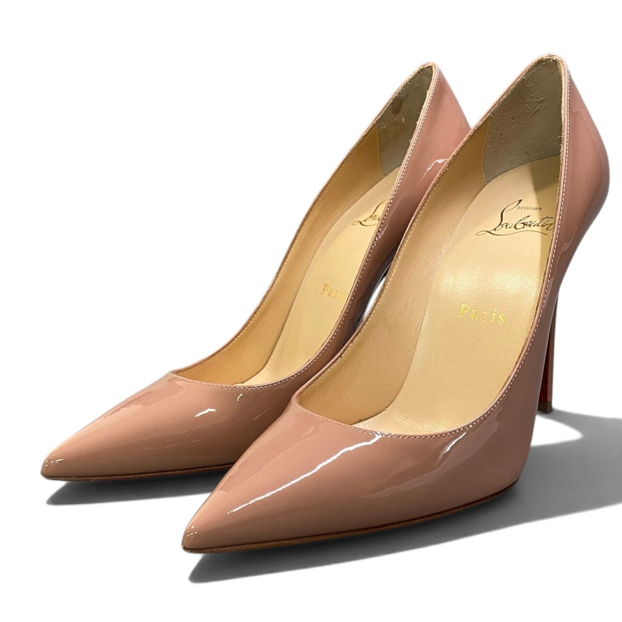 i1 Christian Louboutin クリスチャンルブタン KATE100 パテントレザー ポインテッドトゥパンプス サイズ38 ピンクベージュ レディースk02i