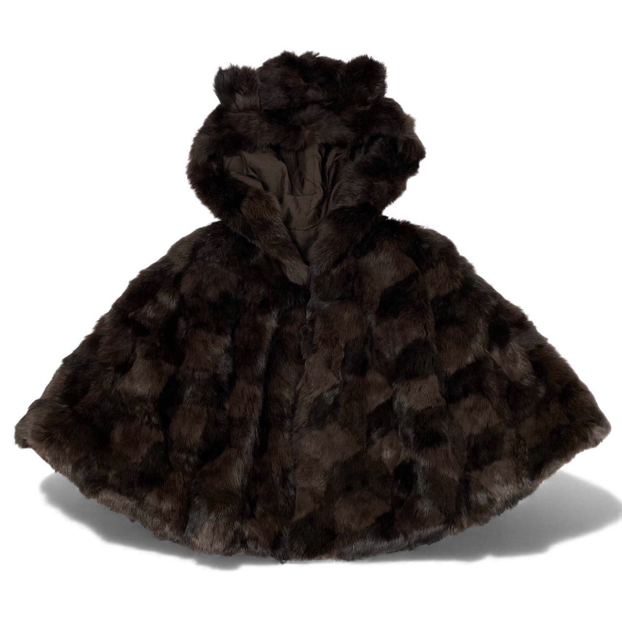 33l14 本毛皮 ラビットファー 耳付きフード ポンチョ ケープ サイズF ブラウン Rabbit Fur 内ポケット有 ケモ耳t18r