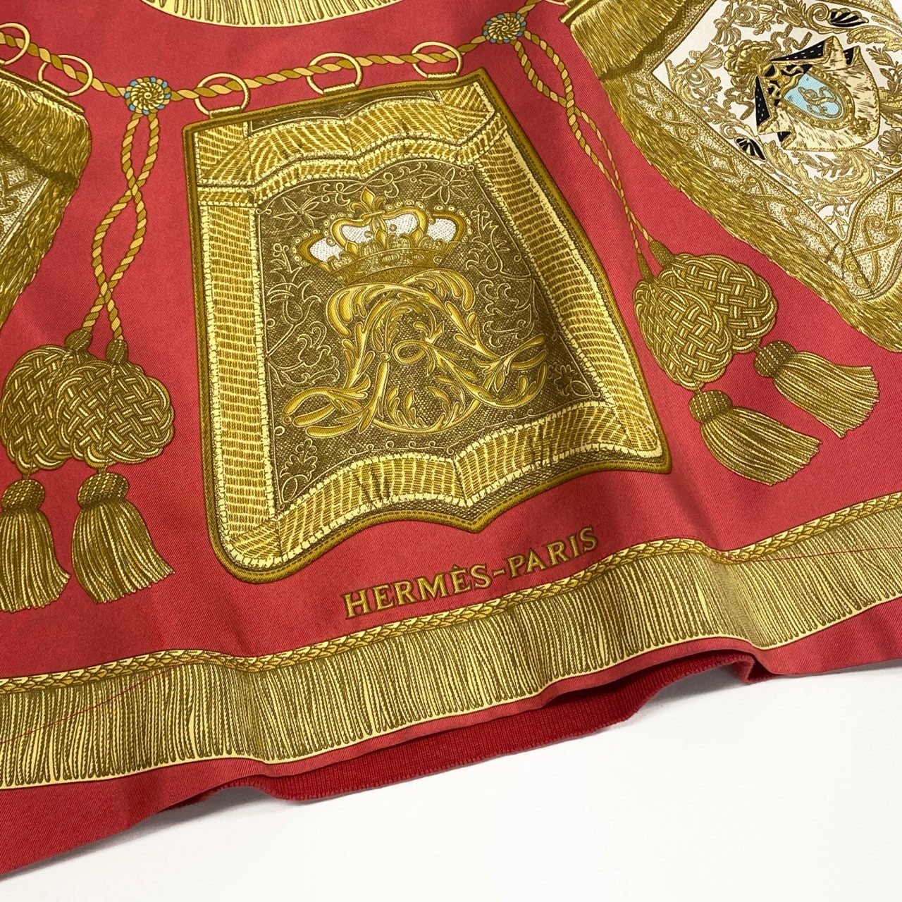 74k11【美品】HERMES エルメス 半袖シルクシャツ  スカーフ柄 ハーフボタン イタリア製 Mサイズ レッド レディースu02t