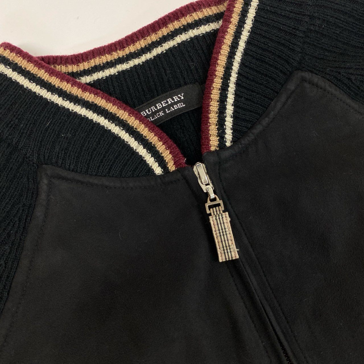 85k4 BURBERRY BLACK LABEL バーバリー ブラックレーベル ニット切替 ロゴ刺繍 ジップアップ ブルゾン ジャケット BMT66-516-09 3 Lサイズ相当 ブラック メンズo07t