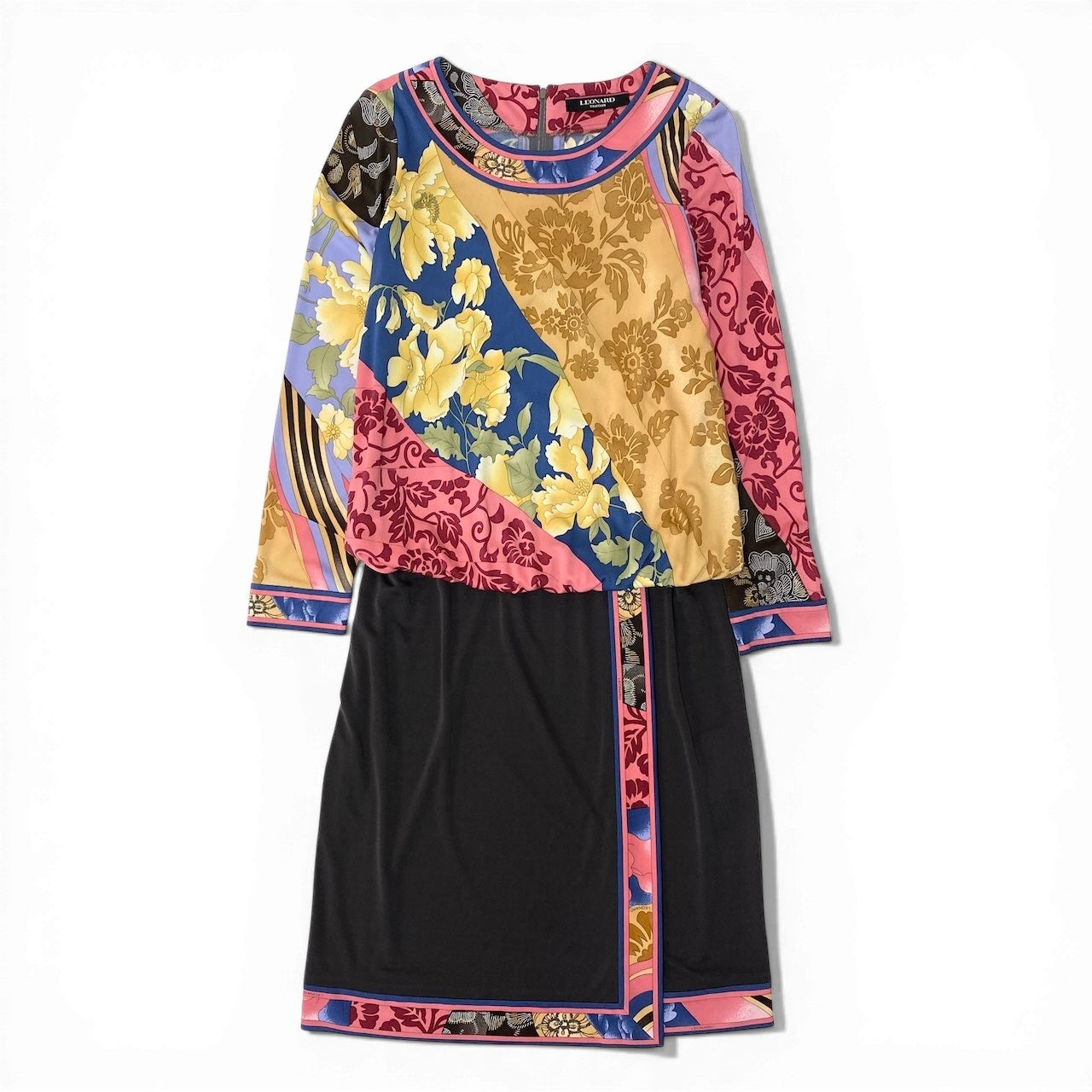 22d12 【美品】 LEONARD FASHION レオナール ロングスリーブワンピース ロングワンピース 美しい花柄プリント カンカン素材 サイズ38 マルチカラー レディース 女性用u02t